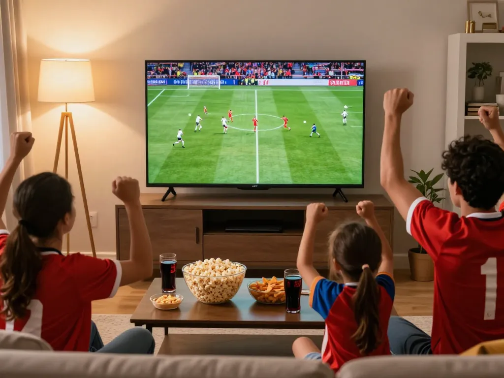 Excited fans on https://cakhiatvz.live/ watching a live football match in a cozy living room, showcasing vibrant atmosphere.