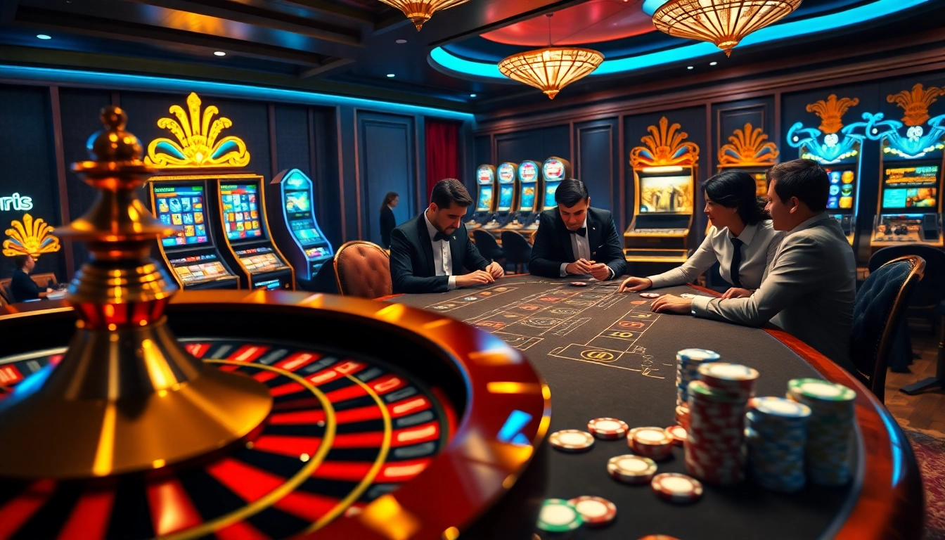 Des joueurs élaborant des stratégies à une table de poker glamour de casino en ligne, améliorant leurs chances de gagner.