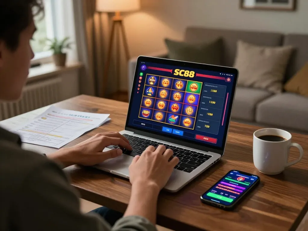 Player engaging with SC88 casino games on a laptop, showcasing online gaming strategy.