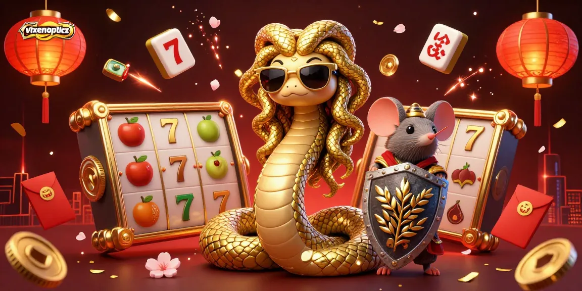 Experience thrilling gaming at vixenoptics with Medusa and a mouse in a lively, colorful casino scene.