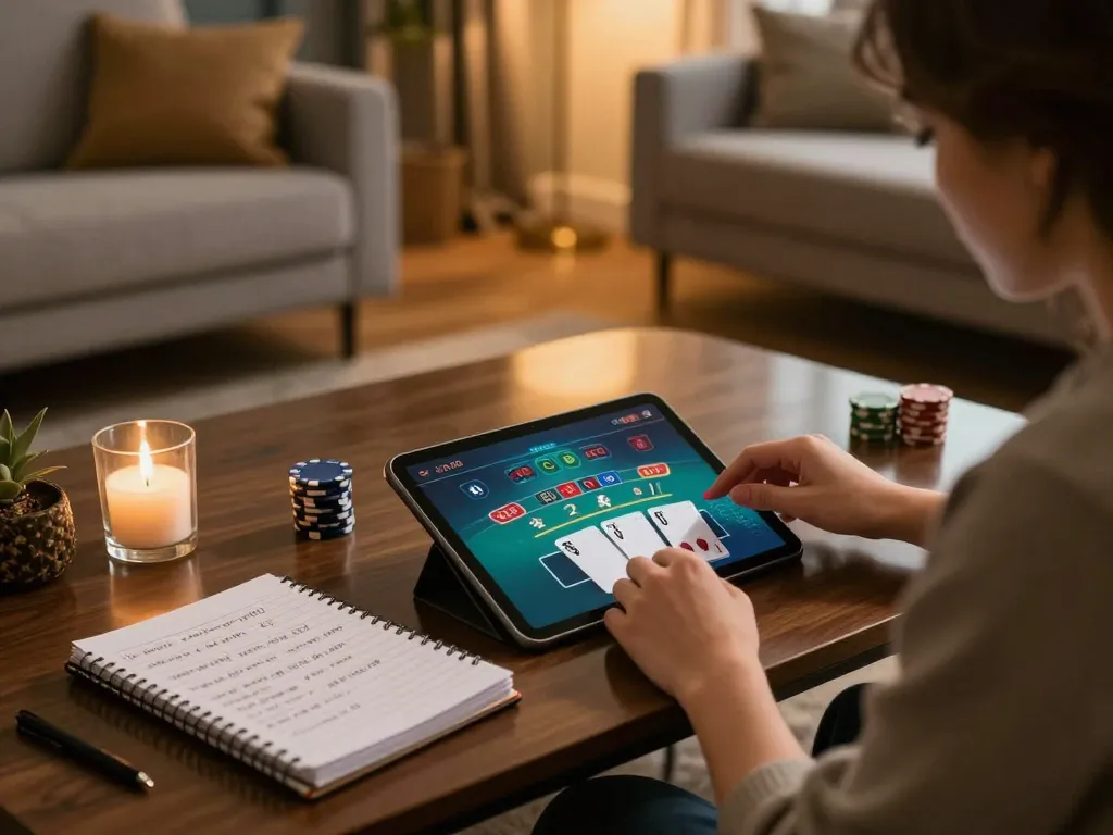 Player engaging with kp88 online blackjack on tablet in a cozy setting with strategy notes.