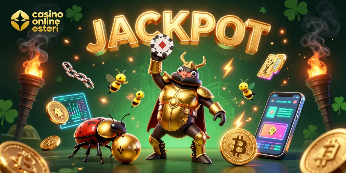 Il casino online esteri offre emozioni con un grillo vincitore e monete luminose in un ambiente vivace.