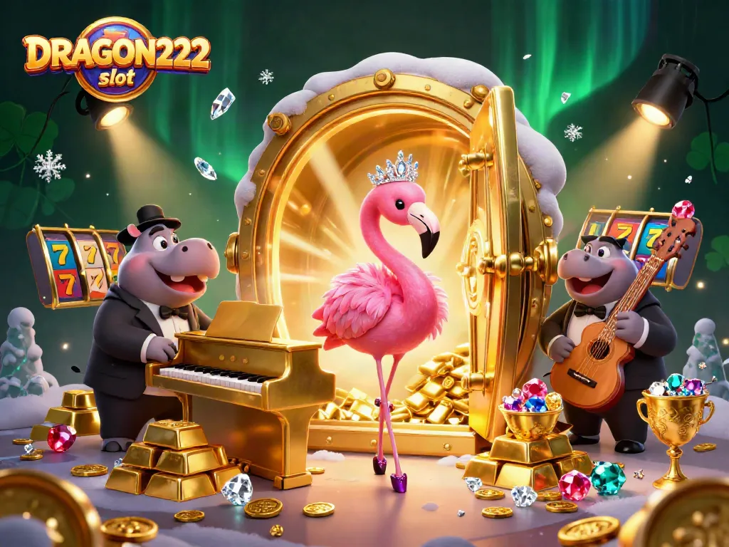 Experience the thrill of DRAGON222 slot with vibrant casino elements and characters in a dynamic 3D scene.