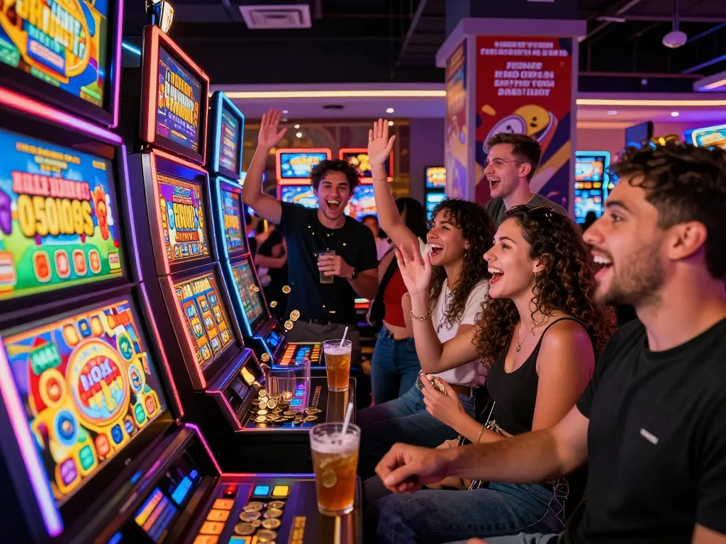 Dynamic casino scene at Ligasedayu with friends celebrating wins at colorful slot machines.