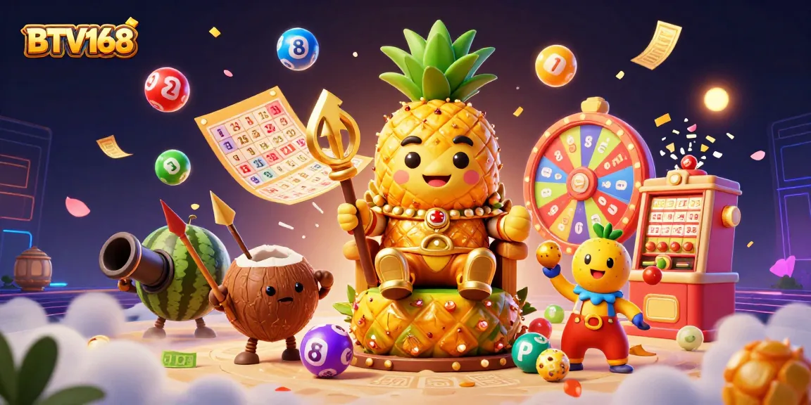 Play exciting games at BTV168's vibrant casino scene with golden characters and dynamic lottery symbols.