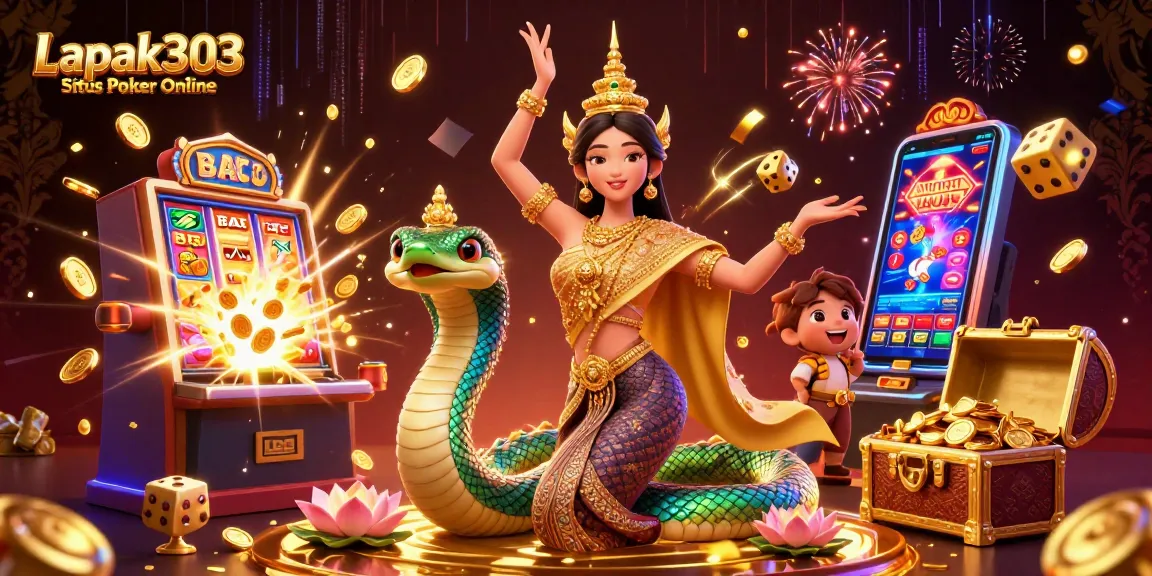Play exciting games at Lapak303 Situs Poker Online with vibrant 3D casino art showcasing thrilling elements.