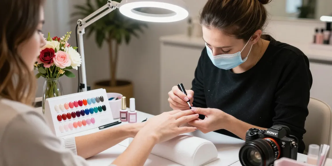 Scenă captivantă cu un tehnician de unghii folosind un kit unghii gel într-un salon de frumusețe modern, evidențiind îngrijirea profesională a unghiilor.