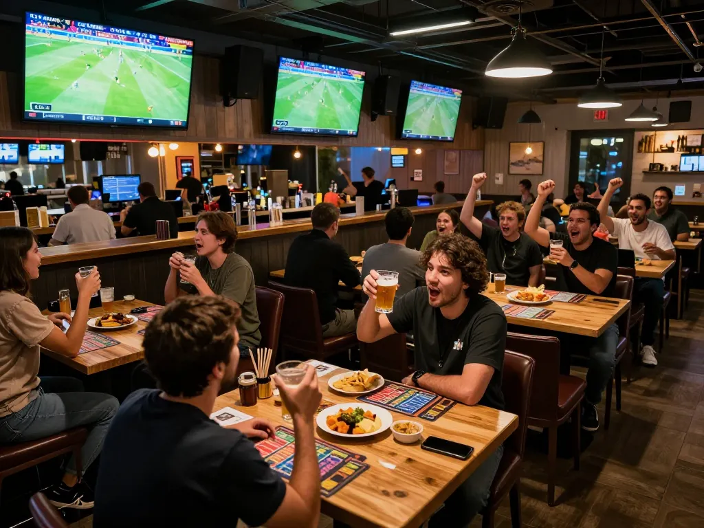 Fans celebrating while watching Cakhia TV soccer matches at a lively sports bar with multiple screens.