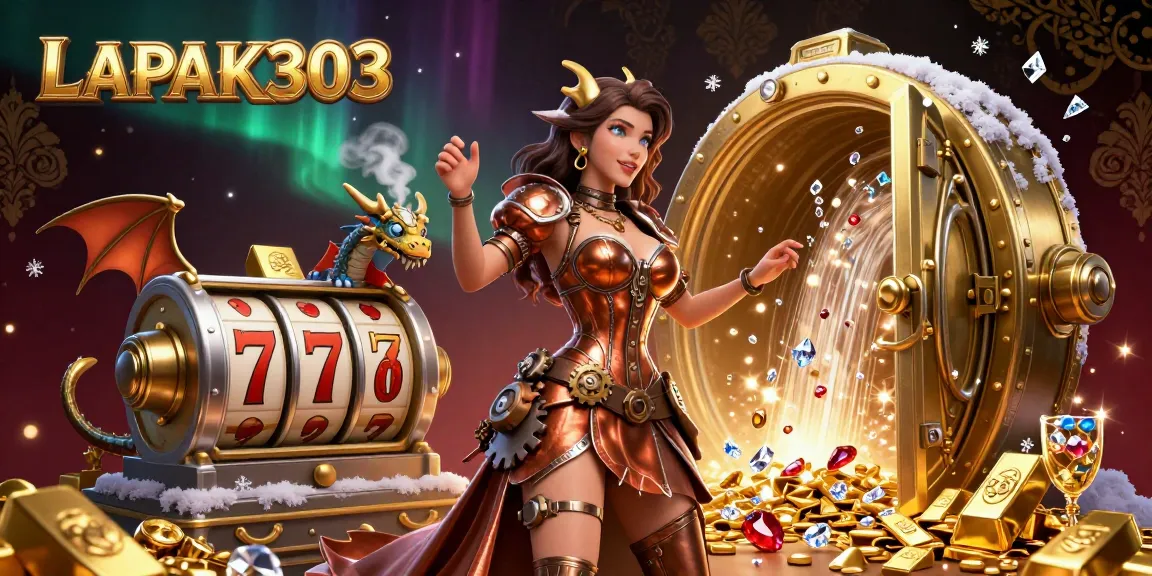 LAPAK303 brings excitement with stunning 3D casino scene filled with gold coins and vibrant gaming elements.