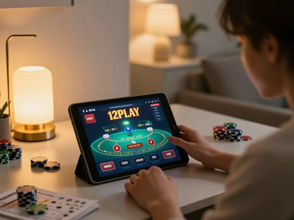 Online gaming session with เว็บพนัน 12PLAY featuring live dealer blackjack interface and cozy decor.