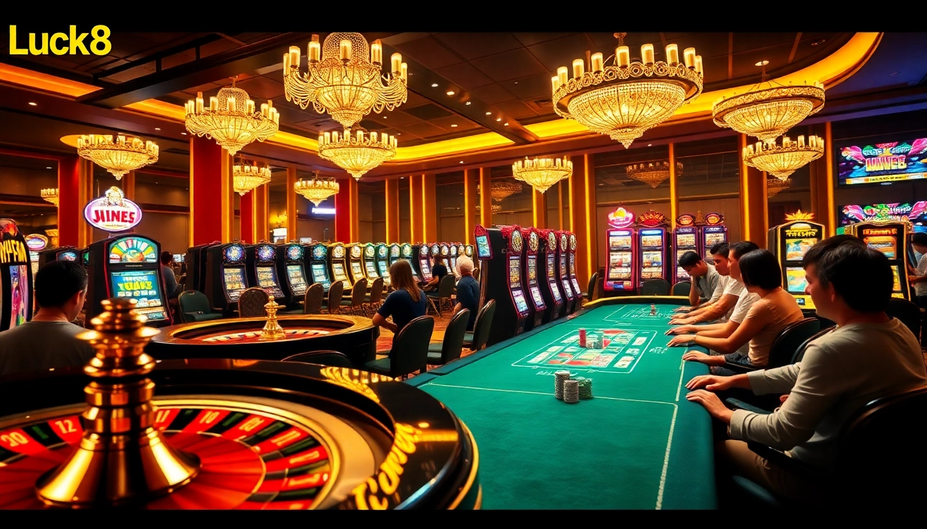 Experience thrilling gaming moments at LUCK8 with vibrant slot machines and polished poker chips.