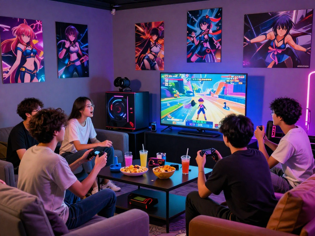 Exciting gaming lounge filled with friends enjoying a hentai game, vibrant snacks, and neon lighting.