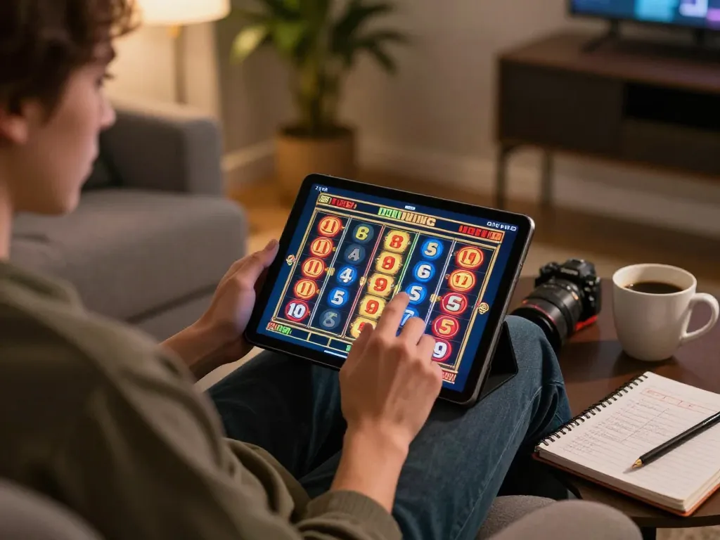 Engaged in online gaming with gajah toto slot reels on display, player strategizing from a cozy setting.
