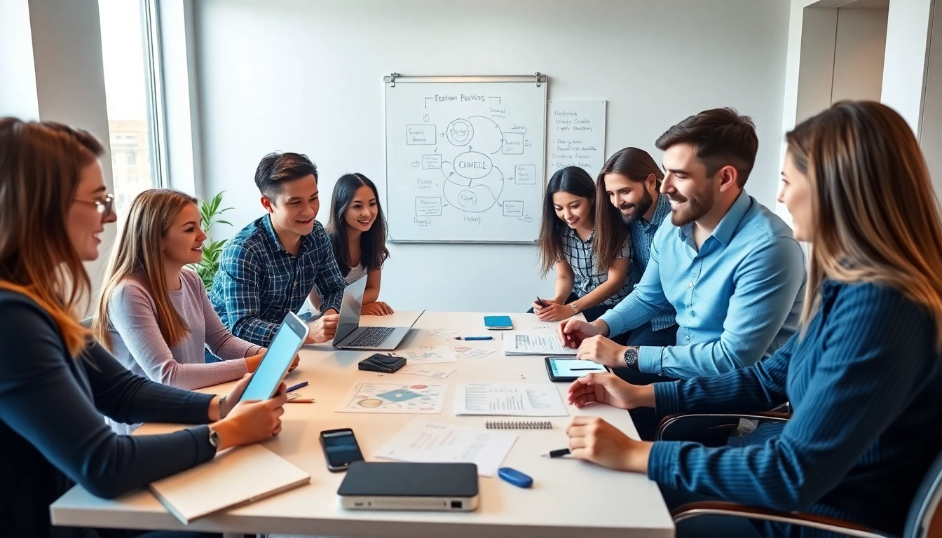 Edmonton web design team collaborating on a website layout in a bright, modern office.