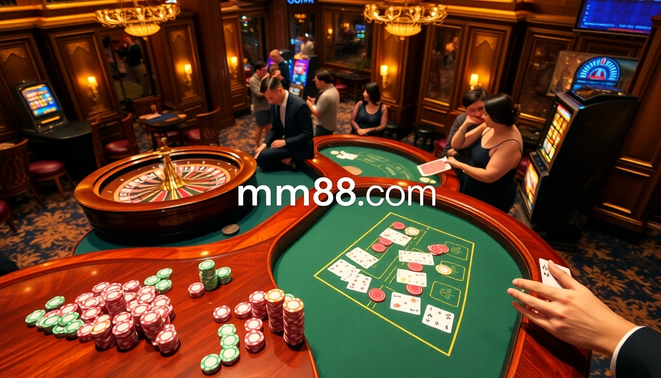 Experience the excitement of gaming at mm88.com with vibrant table games, flashing slot machines, and enthusiastic players.