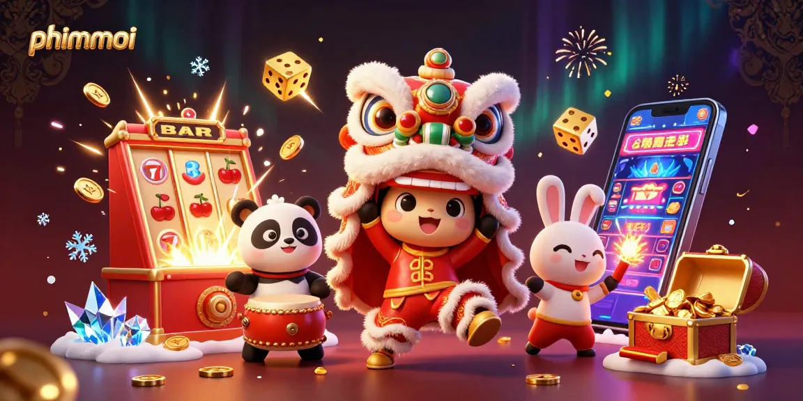 Spin the phimmoi slot machines with vibrant characters celebrating jackpots in a festive scene.