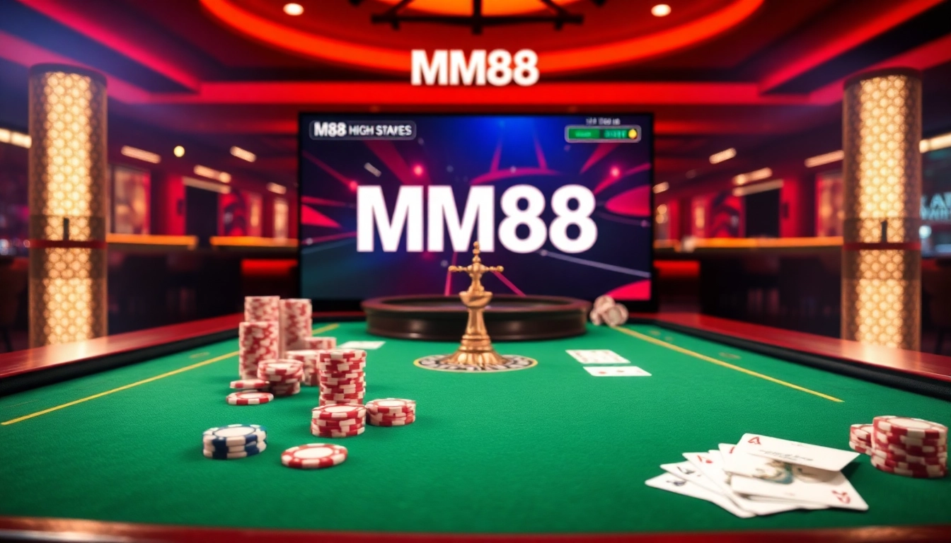 Experience high-stakes gaming action at https://mm88.vin/ with vibrant cards and roulette wheels.