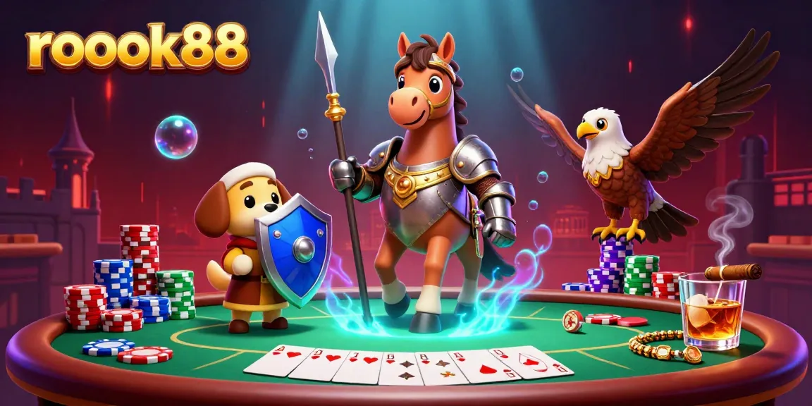 Experience the excitement of rokok88 with a 3D illustration of a knight, puppy, and falcon amidst a vibrant casino setting.