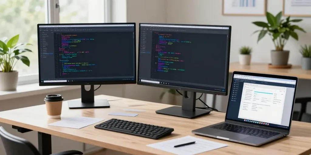 Developer coding in Notepad++ with dual screens in a bright office