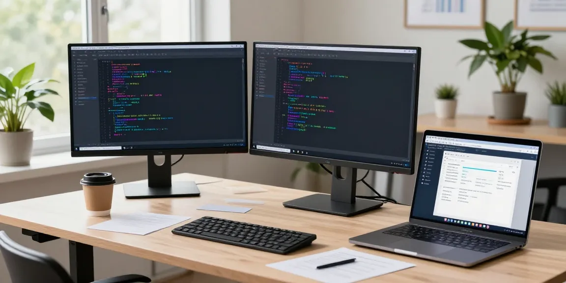 Developer coding in Notepad++ with dual screens in a bright office