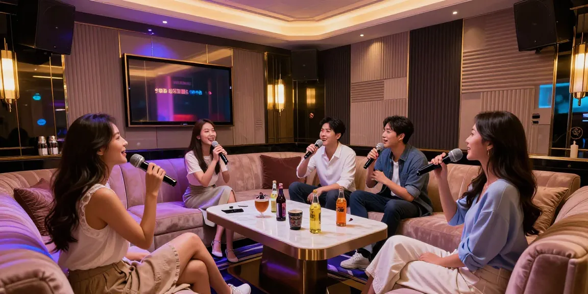 강남 가라오케에서 화려한 조명과 고급 가구로 꾸며진 룸에서 친구들이 노래를 즐기는 모습
