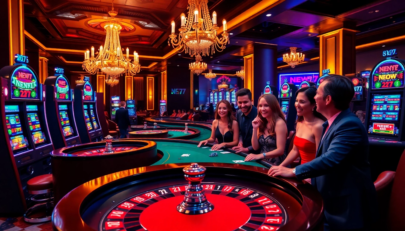 Players enjoying the thrilling NEW77 slots experience in a lively casino atmosphere.