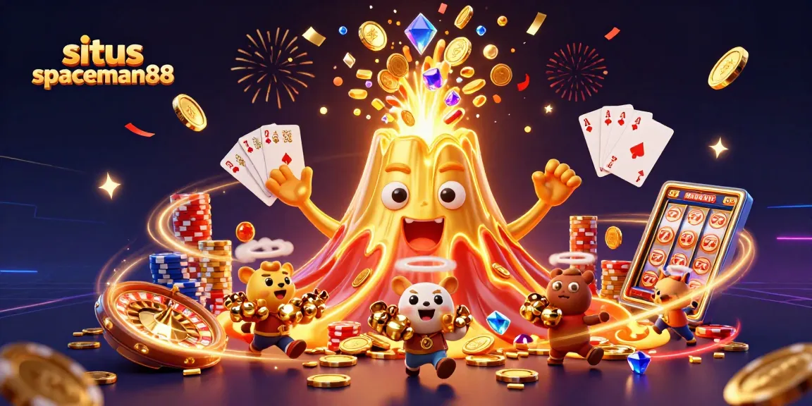 Experience excitement with situs spaceman88, featuring a triumphant volcano, treasure, and casino elements.
