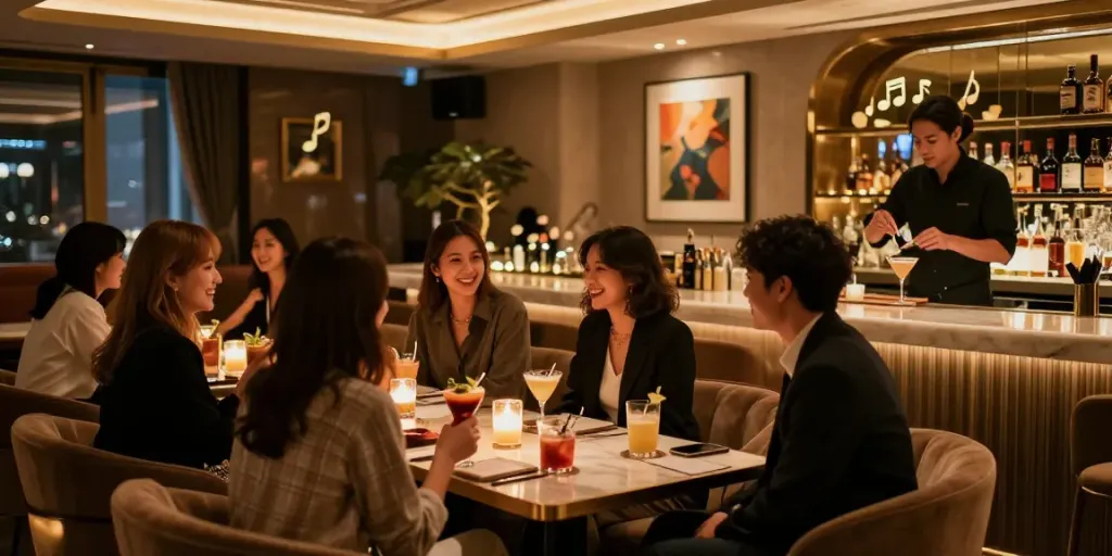 강남구구단의 독립된 룸에서 즐겁게 대화하며 주류를 즐기는 모습