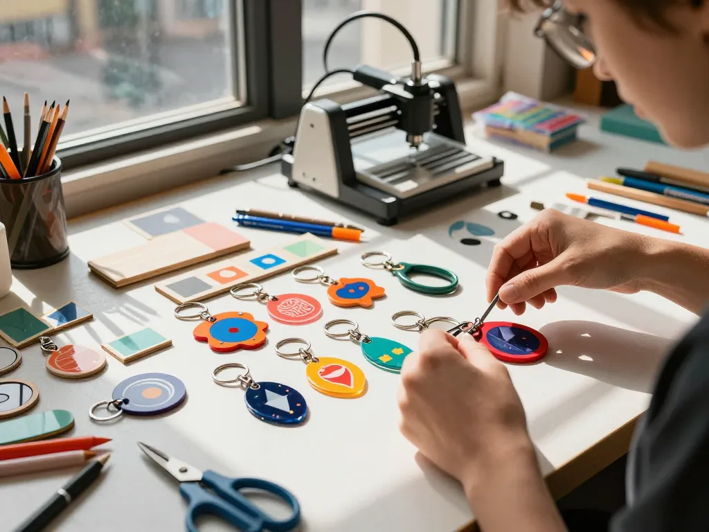 Creating vibrant custom key chains in an artisan workshop with colorful materials and tools.