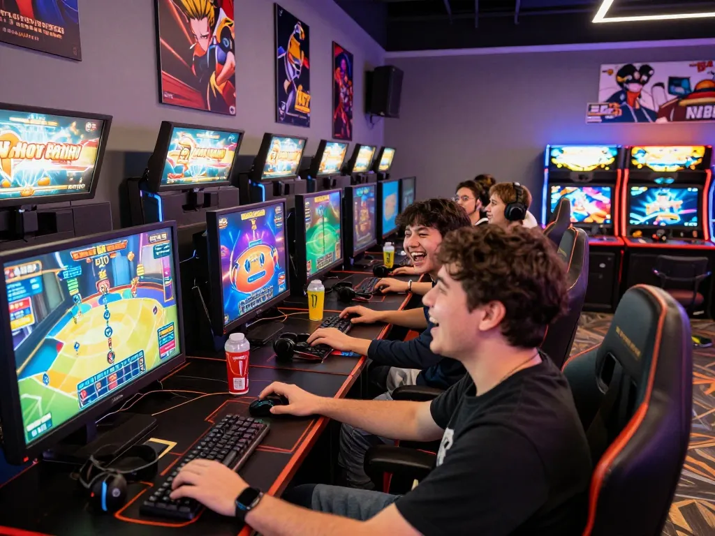 Exciting gaming atmosphere with players enjoying autowin88 online games in a vibrant arcade.