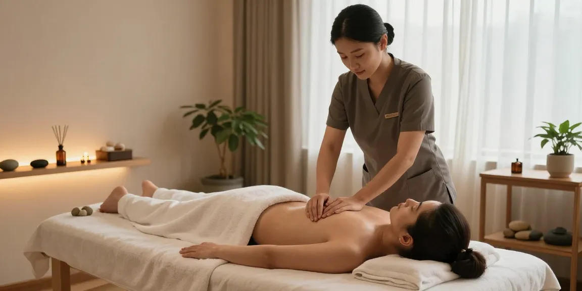 대치동마사지 전문 마사지사가 편안한 마사지실에서 고객에게 부드럽게 오일을 바르며 휴식을 취하는 모습