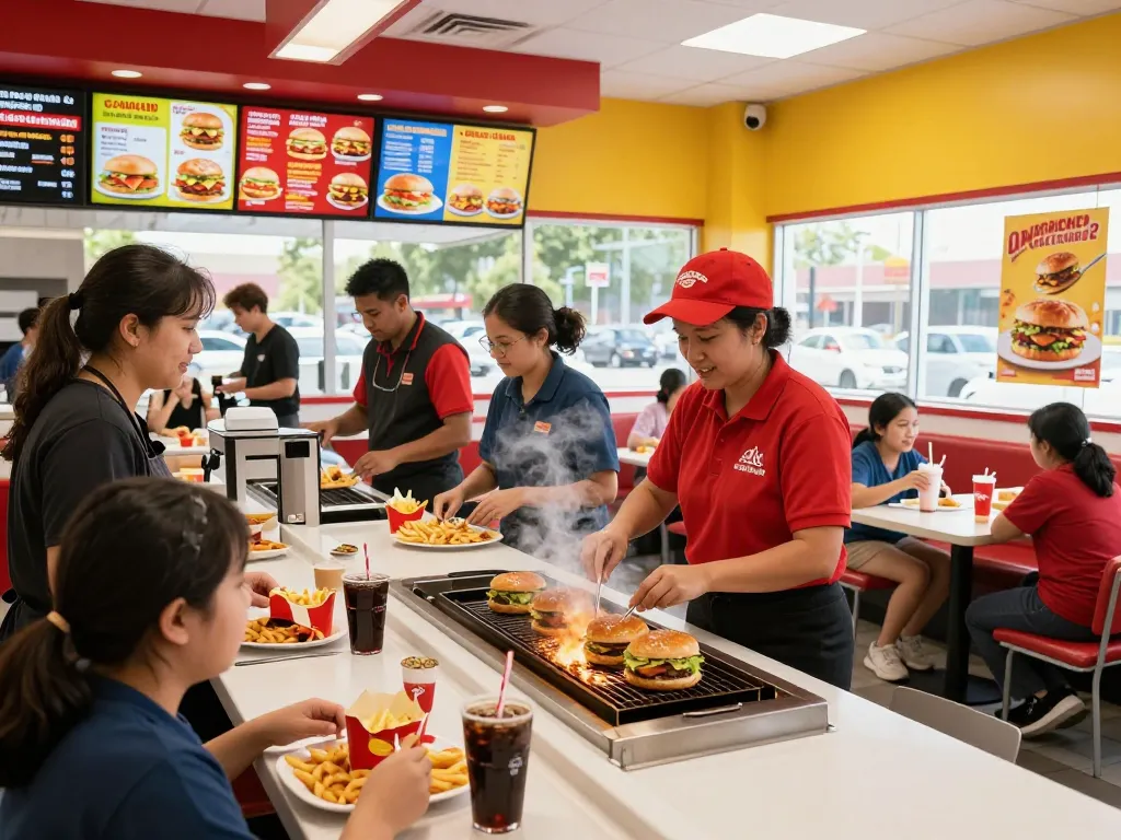 Fast food menu items served in a bustling restaurant with cheerful patrons enjoying their meals.