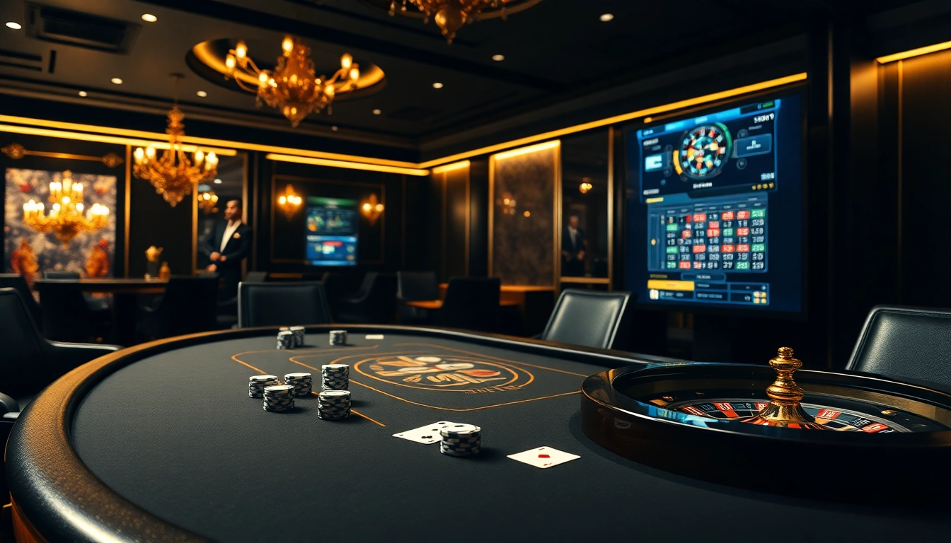 Experience the thrill of online gambling with BJ388 at the elegant casino table featuring poker chips and cards.