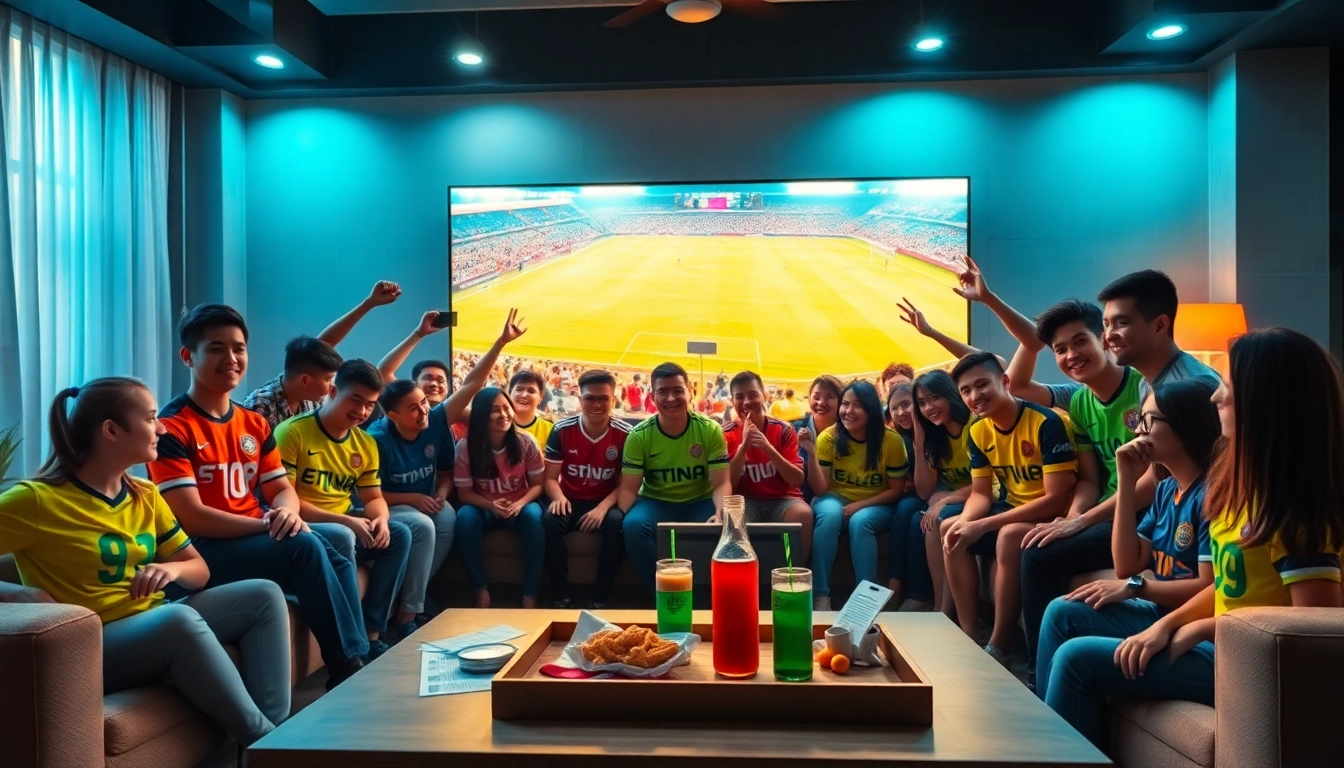 Excited fans enjoying 토토티비 live sports streaming in a vibrant living room.