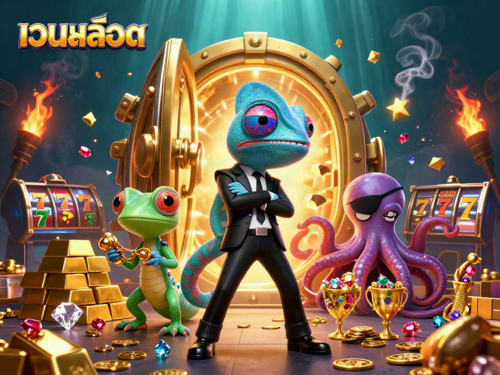 Engage with เว็บสล็อต action featuring a dynamic casino scene with treasure and animated characters.