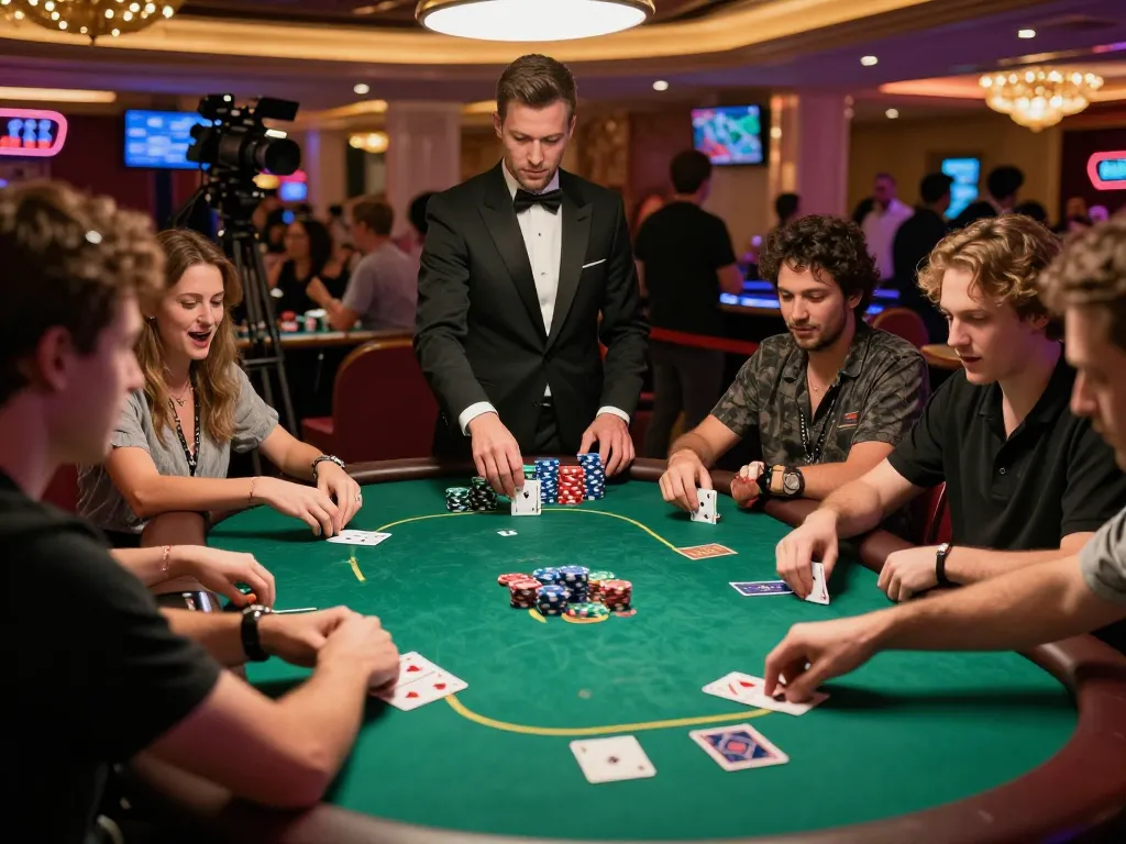 Poker players at a lively casino game celebrating a win, representing the exciting world of online gambling at https://777x.bid/.