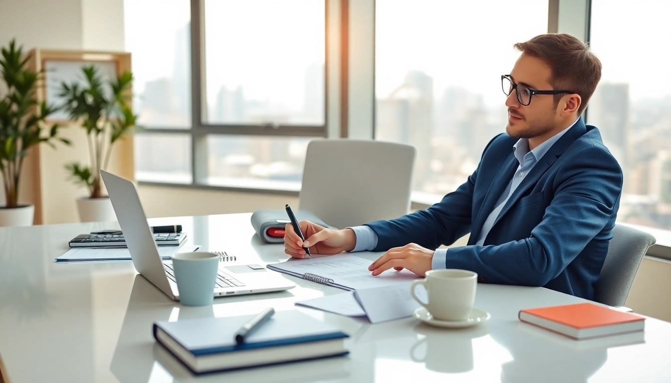 Engaging scene of Proposal Writing and Management with a consultant focused at a modern desk.