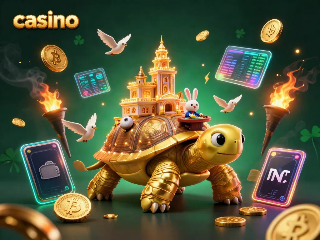 Experience the lively atmosphere of a casino with vibrant characters and floating crypto elements.
