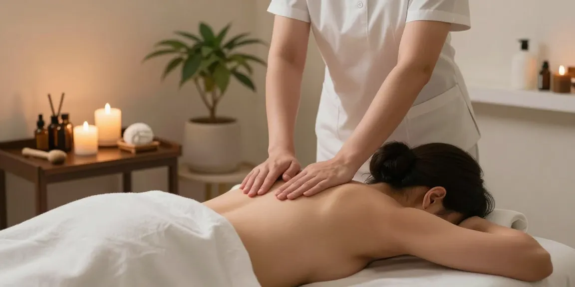 Peaceful 수원출장마사지 session in a tranquil therapy room, featuring essential oils and soothing light.