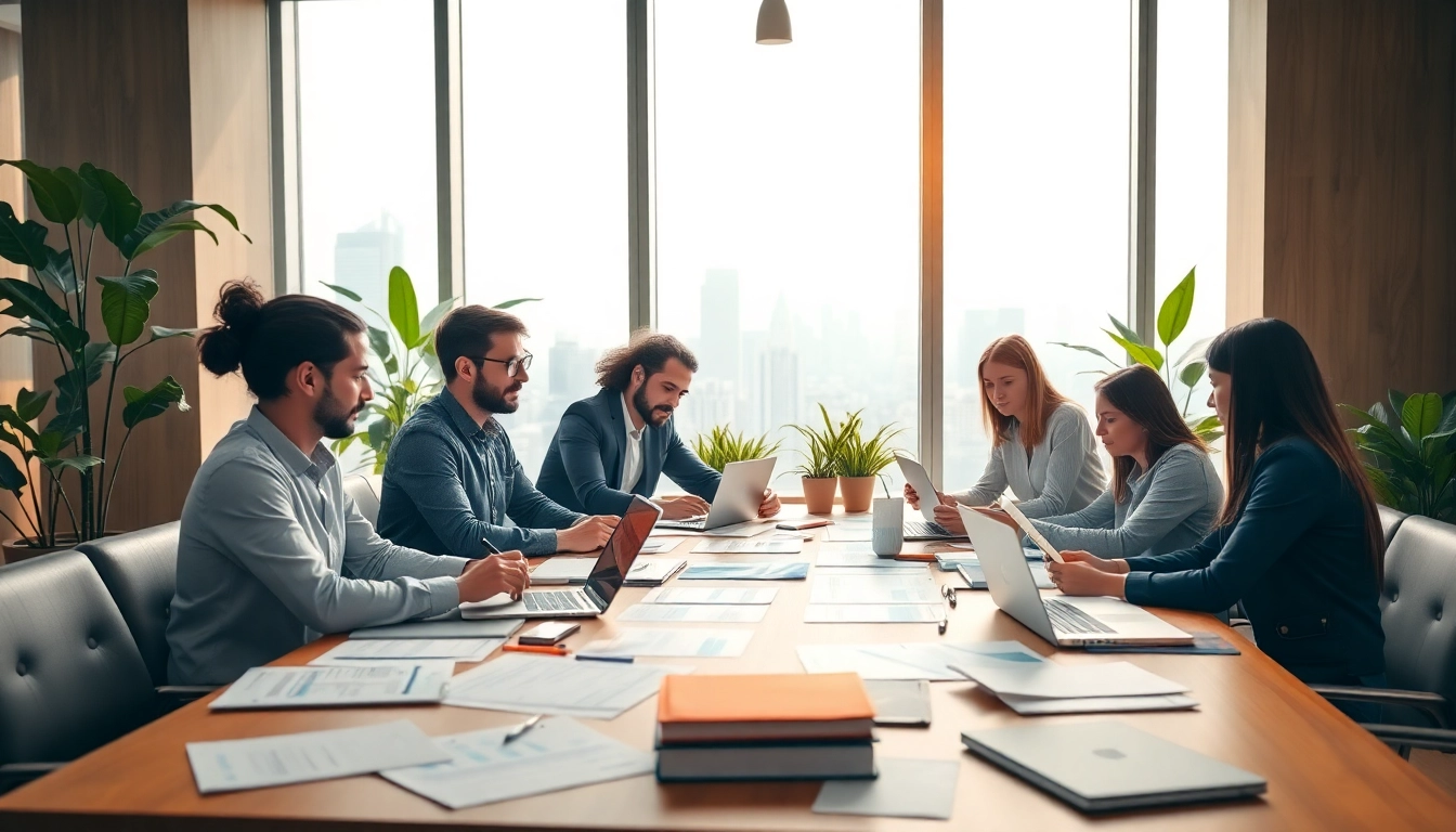 Engaging scene of Proposal Writing and Management team collaborating in a modern office.