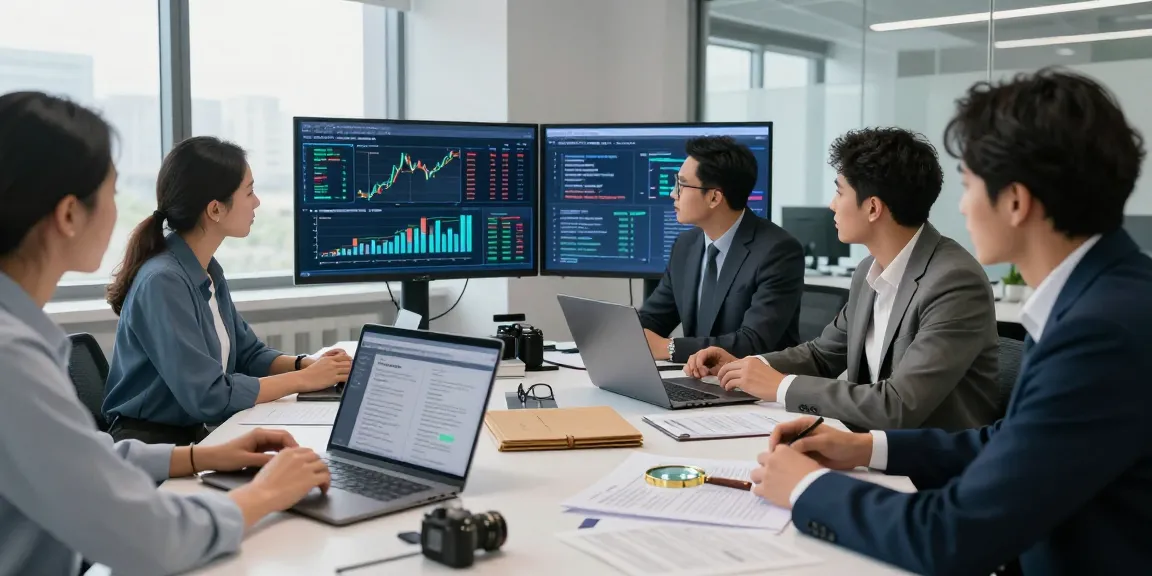 Investigators collaborating on financial crime intelligence analysis in a modern office setting.