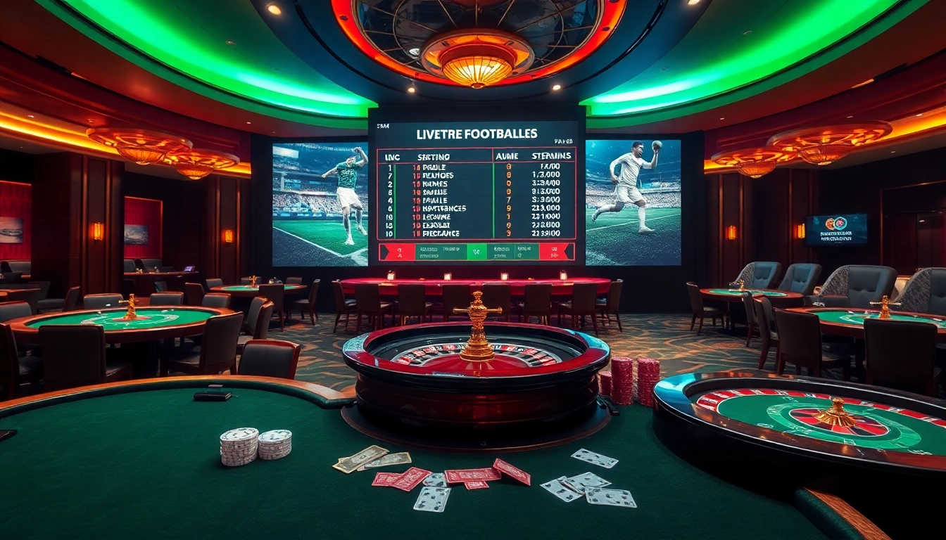A vibrant casino scene showcasing live football scores and exciting gambling action, emphasizing kết quả bóng đá.