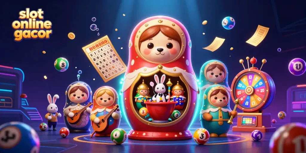 Immerse in slot online gacor with lively characters, casino elements, and vibrant colors in a playful, energetic illustration.