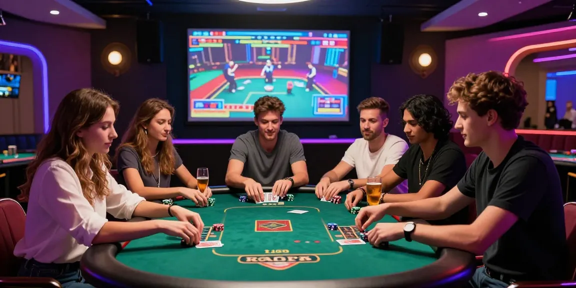 Friends enjoying a lively rokok88 poker night at a casino with vibrant lighting.