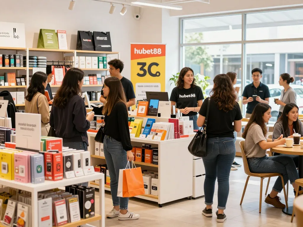 Shoppers engaging with hubet88 products in a vibrant retail space.