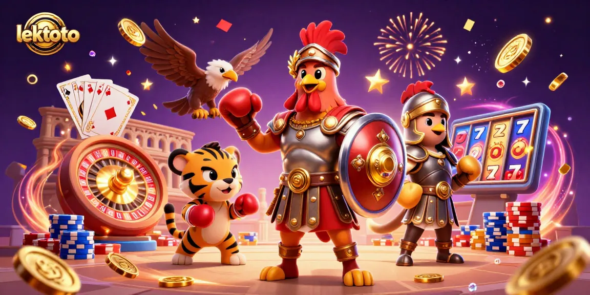 Experience thrilling gameplay with lektoto as a gladiator rooster battles in a vibrant casino scene.