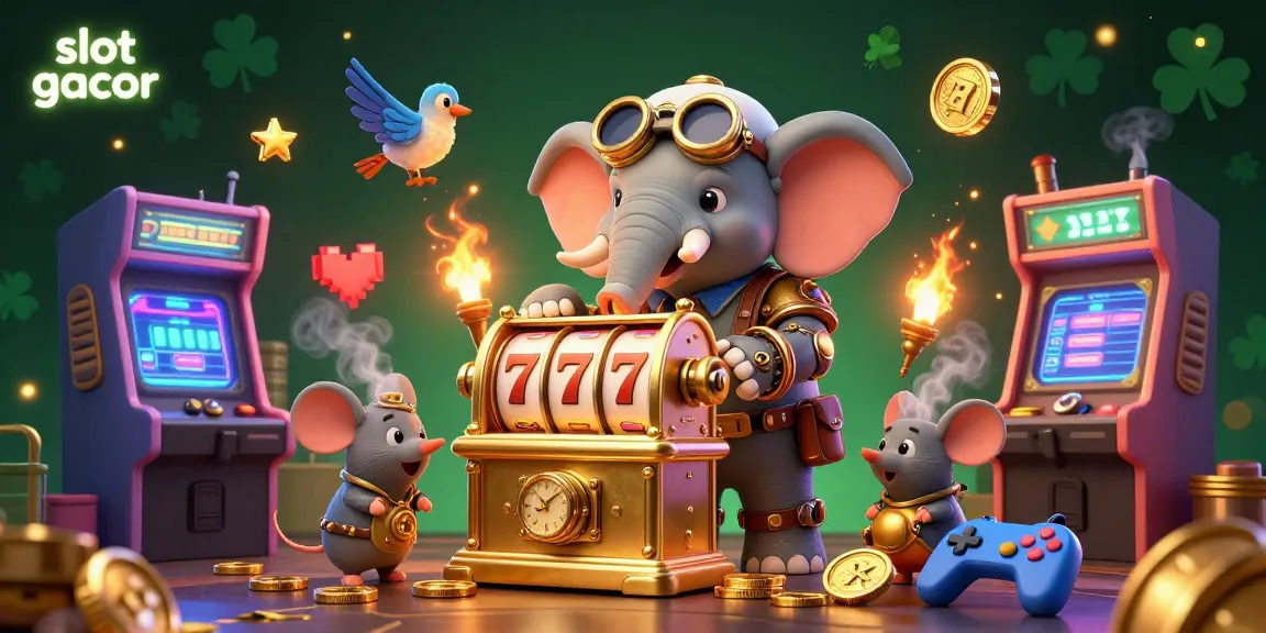 Memenangkan slot gacor dengan elemen permainan arcade dan mesin slot yang kaya warna dalam ilustrasi 3D.