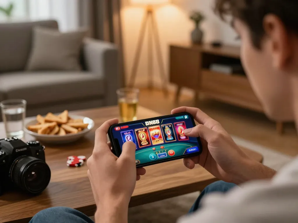 Player strategizing bets on the DN88 app, showcasing engaging online gaming in a cozy home.