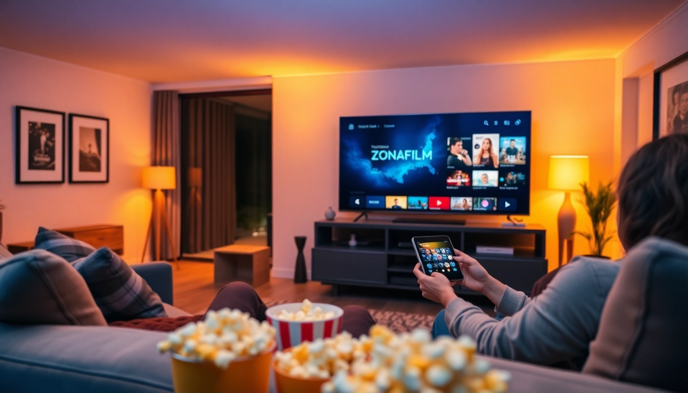 Zonafilm streaming experience in a cozy living room with a user enjoying a movie.