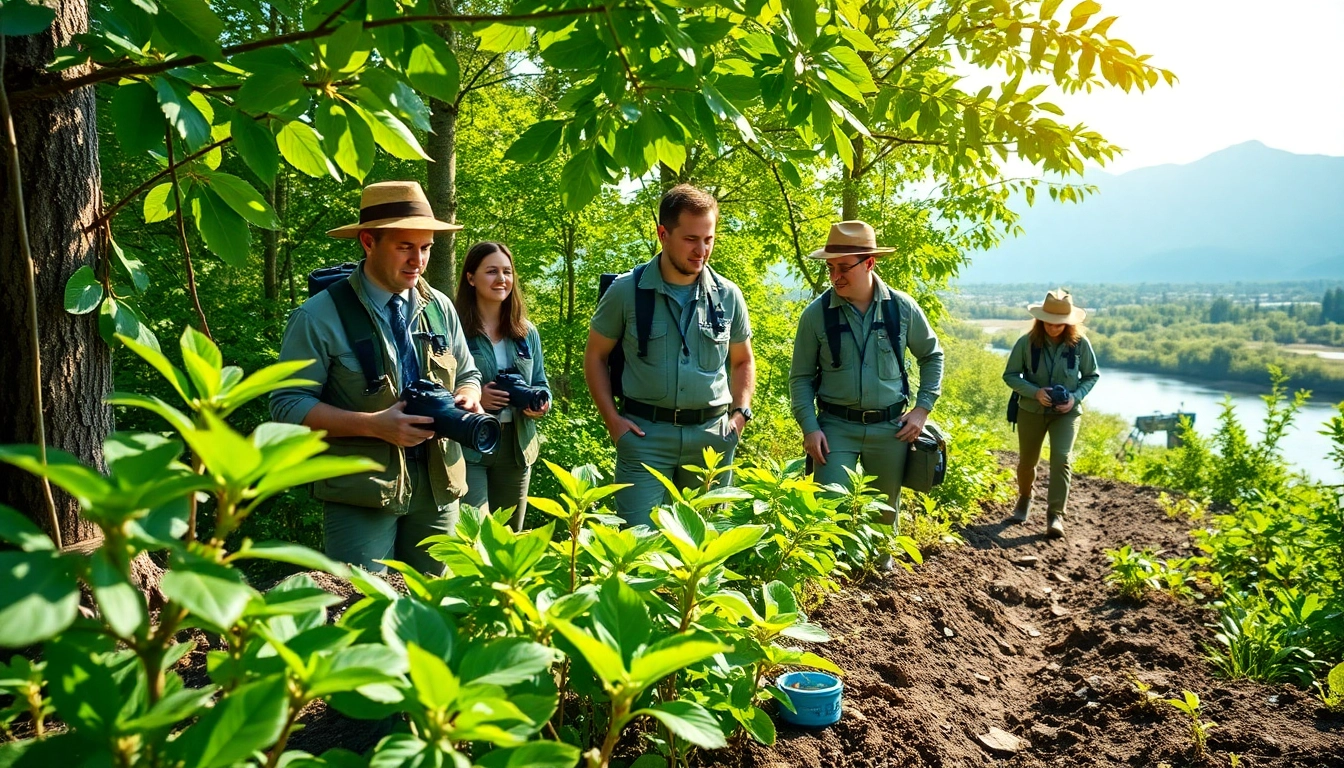 CYB Environmental research team analyzing ecosystems in a vibrant forest setting.